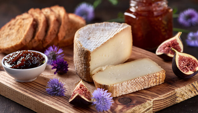Casu marzu cheese with visible larvae served on a rustic wooden board beside fig jam, crusty bread slices, and wildflowers.