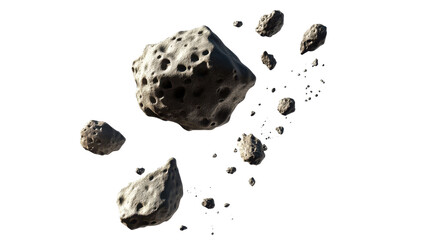Asteroids Orbiting Through Dark Space Landscape with Textured Surface and Fragmented Forms