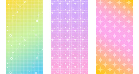 Y2K star pattern set with vibrant backgrounds - pastel colors gradient panel with cosmic constellation chains, rows of sparkles and starbursts. Retro digital aesthetic for dreamy wallpapers. © klyaksun