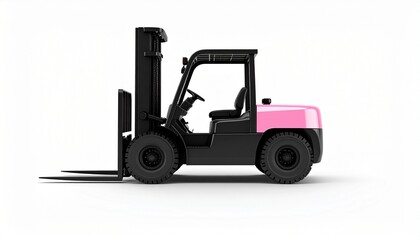 Naklejka premium Side-view 3D render of a pink forklift with black wheels and lift, isolated on white