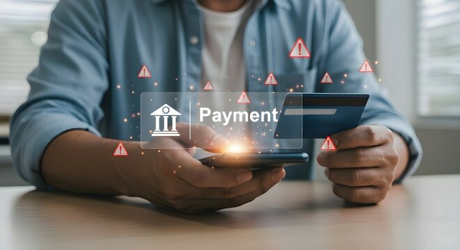 Man using a mobile phone and credit card for payment with caution symbols. Online transaction security concept. Payment warning.