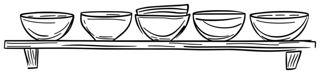 set of ceramic bowls on shelf line art vector illustration