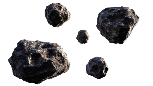 Collection of Irregular Asteroids Floating in Cosmic Space with a Dark, Starry Background