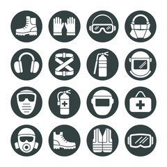 Collection of Fifteen Safety Equipment Icons Dark Green Circles White Silhouettes Protective Gear Illustrations Workwear Symbols Industrial Security Elements