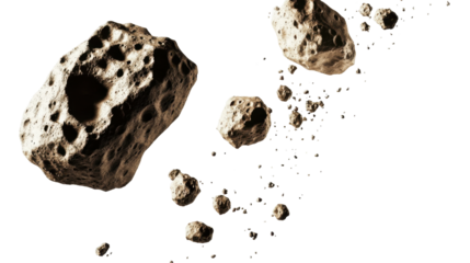Floating Asteroids in Deep Space with Unique Shapes and Textures Against a transparent Background