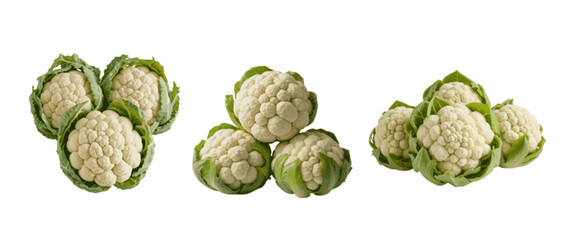 Obraz premium Close up view of fresh cauliflower heads with green leaves isolated on white background showcasing