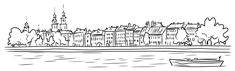 old european city skyline on river sketch vector © Mago