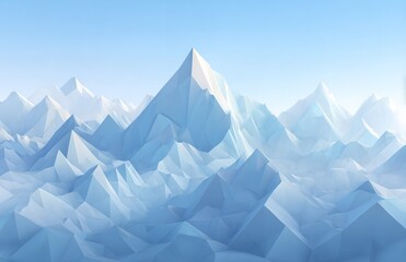 A vast polygonal mountain range stretches towards the sky painted in hues of ice blue and frosty