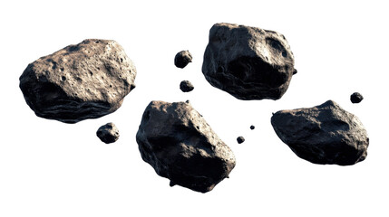 Multiple Asteroids with Varied Textures and Shapes Floating in Outer Space Against a Dark Background