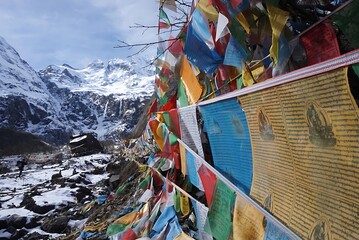 Beside the snow - capped mountain, prayer flags flutter, blending Tibetan faith into the vastness...