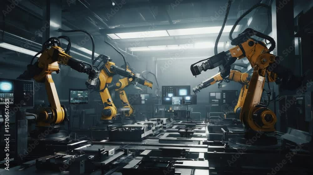 Aufkleber robotic arms working in synchronized motion within a modern factory setting sparks fly as the arms p