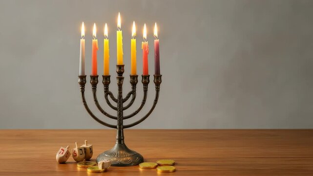 Lit menorah with colorful candles, dreidels, and chocolate coins