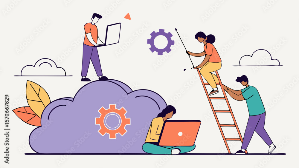 Poster businesspeople working cloud computing project with tools and devices
