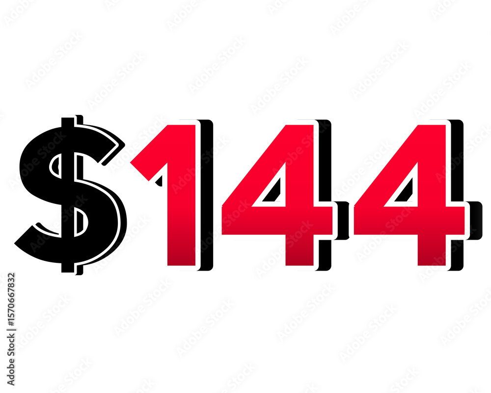 Poster red number $144 with a black dollar sign in a 3d style, featuring white and black outlines, creating