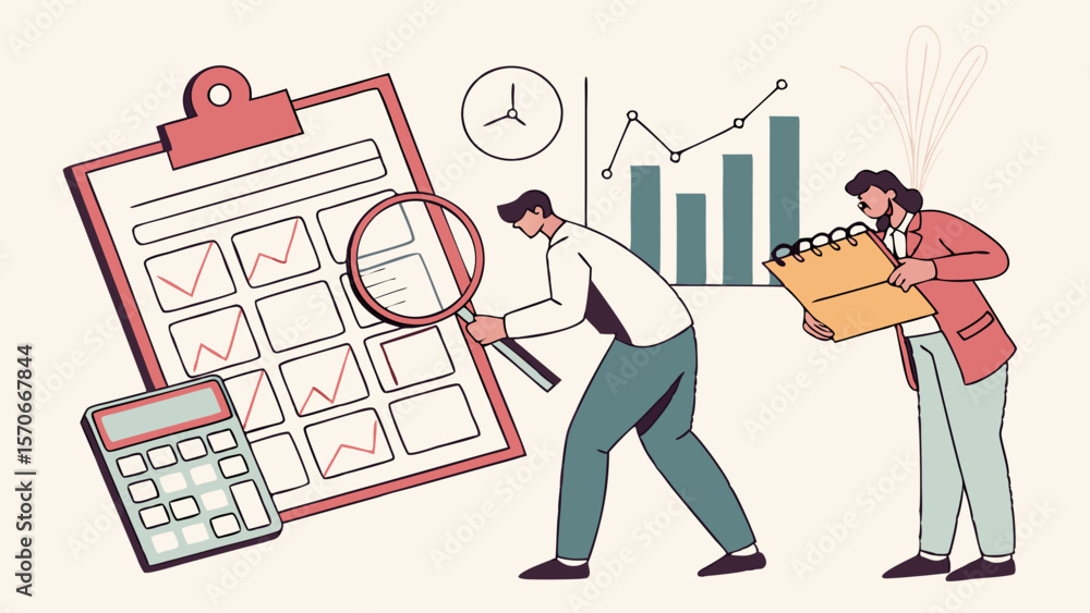 Aufkleber efficient businessmen analyzing data with calculator and clipboard