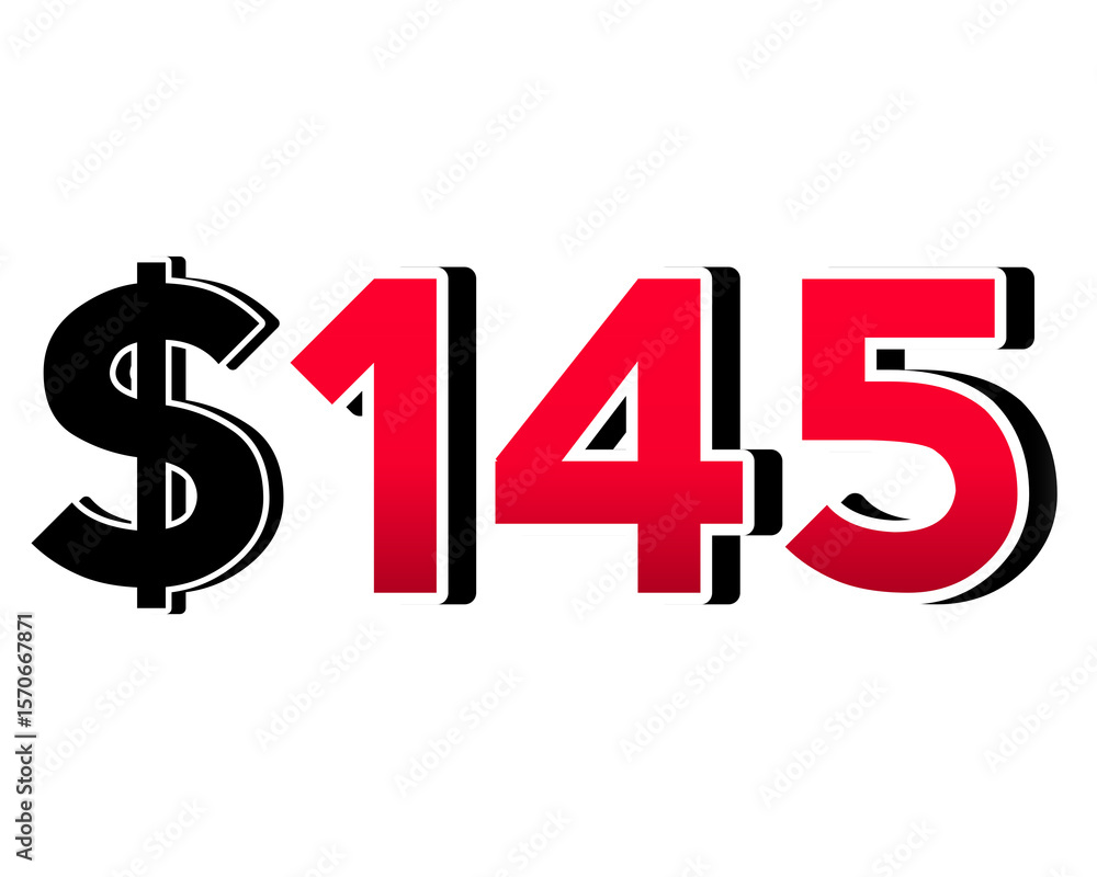 Poster red number $145 with a black dollar sign in a 3d style, featuring white and black outlines, creating