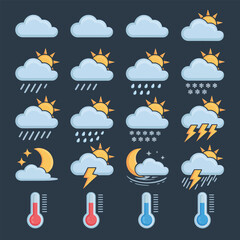 Obraz premium Collection of Flat Style Weather Icons Showing Various Conditions Including Sunny Cloudy Rainy Snowy Lightning and Nighttime Conditions with Temperature Gauges Illustrated in Light Blue