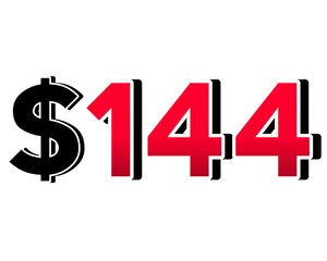Red number $144 with a black dollar sign in a 3D style, featuring white and black outlines, creating a shadow effect on transparent background.
