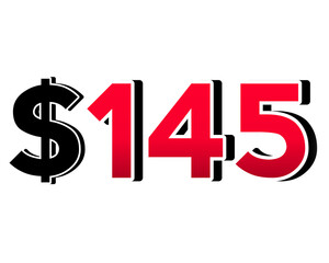 Red number $145 with a black dollar sign in a 3D style, featuring white and black outlines, creating a shadow effect on transparent background.