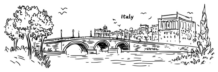 rome cityscape with sant angelo bridge italy sketch vector