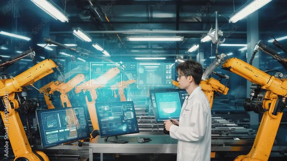 Aufkleber modern factory with rows of orange robotic arms and glowing holographic interfaces