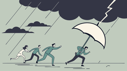 Leader holding umbrella to protect team from storm and lightning, symbolizing leadership, crisis management, business protection, teamwork, and resilience