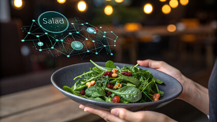 Hands holding a salad bowl with digital overlay in a restaurant