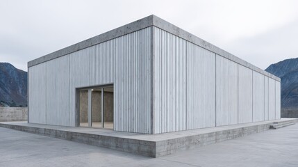 Industrial duplex with corrugated metal cladding bold concrete base photographed under overcast conditions for diffuse shadows uniform texture