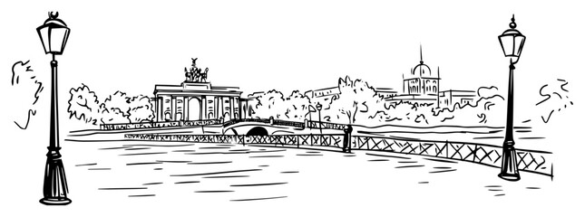 berlin brandenburg gate with street lamps sketch vector © Mago