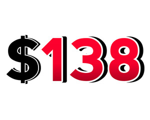 Red number $138 with a black dollar sign in a 3D style, featuring white and black outlines, creating a shadow effect on transparent background.