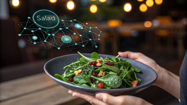 Hands holding a salad bowl with digital overlay in a restaurant - Powered by Adobe