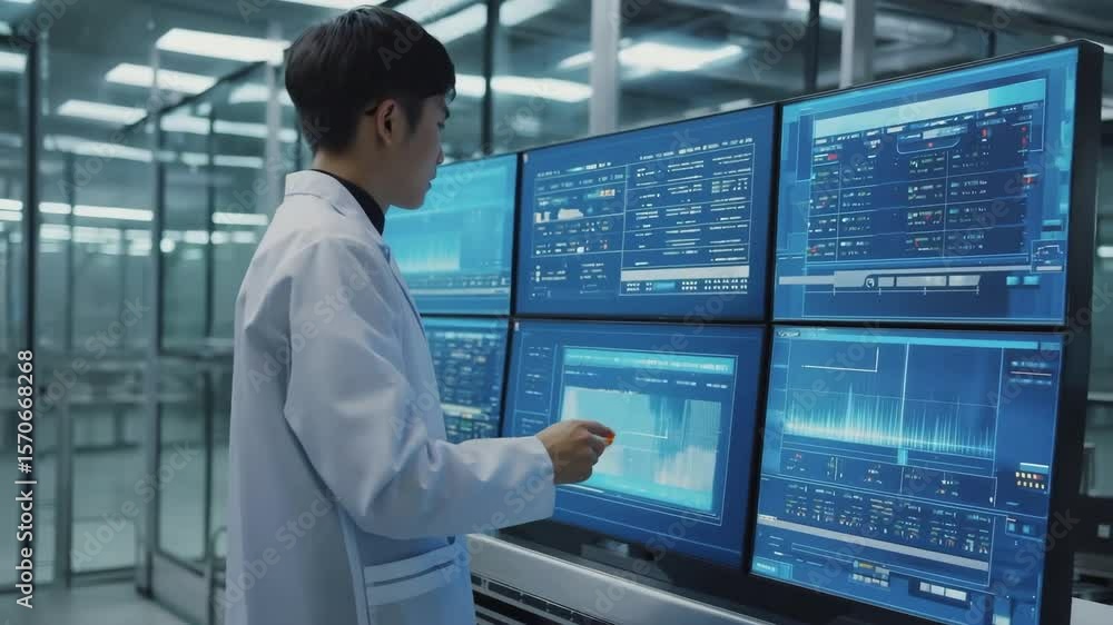 Aufkleber asian man engineer working with smart factory automation, workers monitoring digital dashboards