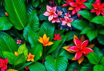 Fototapeta premium Vibrant tropical foliage, lush leaves, exotic blooms, botany, lush