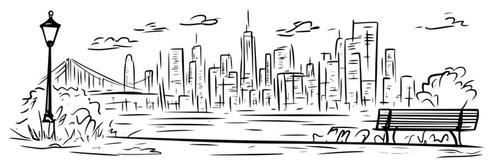 new york city skyline view from park sketch vector © Mago