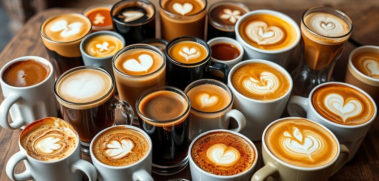 A diverse collection of coffee drinks in various ceramic cups, glass beakers, and paper cups showcasing latte art, coffee drink, stock photo