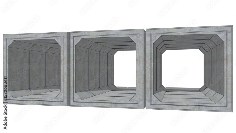 Fototapete 3D isometric image of three 200cm x 200cm x 120cm gray concrete box culverts extending into the distance, set against a white set, defining precast drainage components ready for technical installation