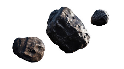Three Irregularly Shaped Asteroids Floating in Space Against a Transparent Background