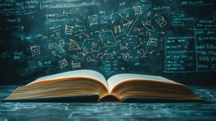 A glowing book with mathematical equations and symbols floating around it, on a dark background, symbolizing the power of knowledge. Realistic photography style.