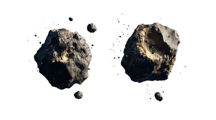 Two Asteroids Floating in Space with Craters and Rock Formations Against a Transparent Background