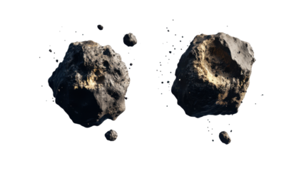 Two Asteroids Floating in Space with Craters and Rock Formations Against a Transparent Background