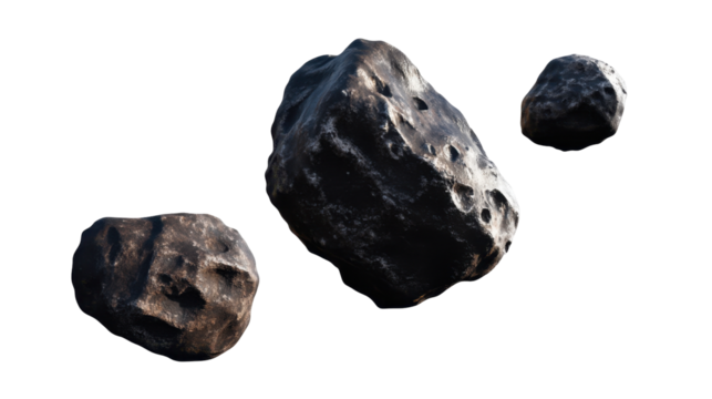 Three Irregularly Shaped Asteroids Floating in Space Against a Transparent Background