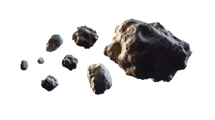 Various Irregularly Shaped Asteroids with Detailed Textures Floating in Outer Space