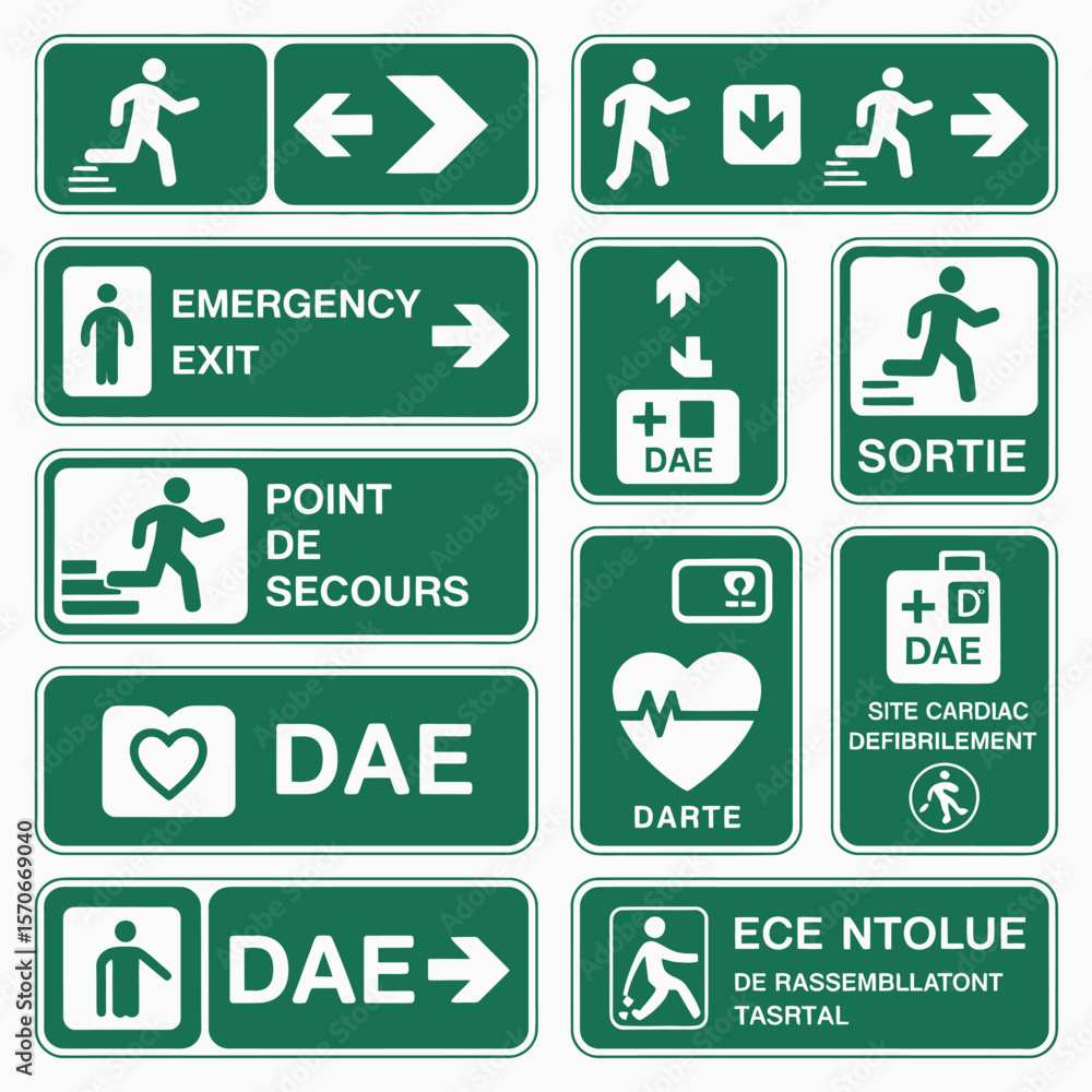 Poster collection of green emergency exit and defibrillator location signs featuring running figures arrows