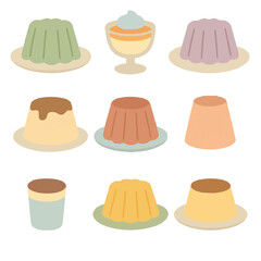くすみカラーのシンプルでカラフルなゼリーとプリンのイラストセット