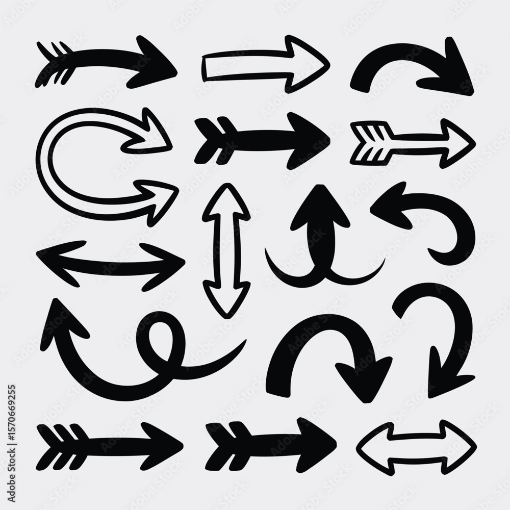 Poster collection of hand drawn black arrows on white background various styles and directions simple line 