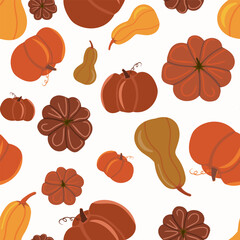 Seamless bright pumpkin pattern on a white background. Flat vector design in warm autumn colors, ideal for fall decor, autumnal textiles, and seasonal baby clothes.