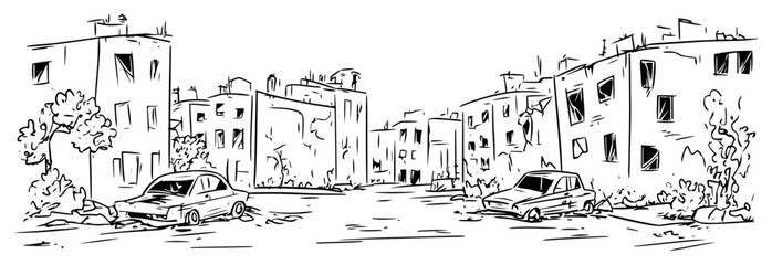destroyed city street with ruins sketch vector