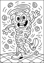 The Cheesy Kingdom Tortellini Twisterino Coloring Page is A tortellini twister with spinning shoes and crazy eyes, dancing in chaos. A silly and energetic pasta character to color.