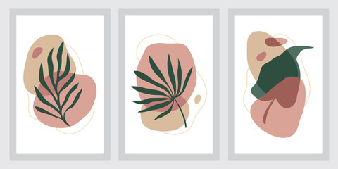 Collection of contemporary art posters in pastel colors. Abstract paper cut geometric elements and strokes, leaves and dots. Great design for social media, postcards, print.