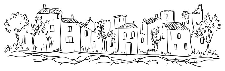 old village with overgrown roots sketch vector illustration